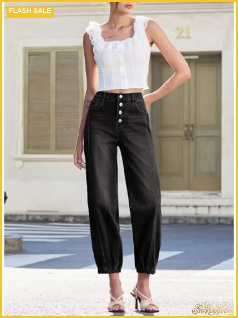 Baggy Wide Leg Denim Jeans High Rise Button Front Pockets